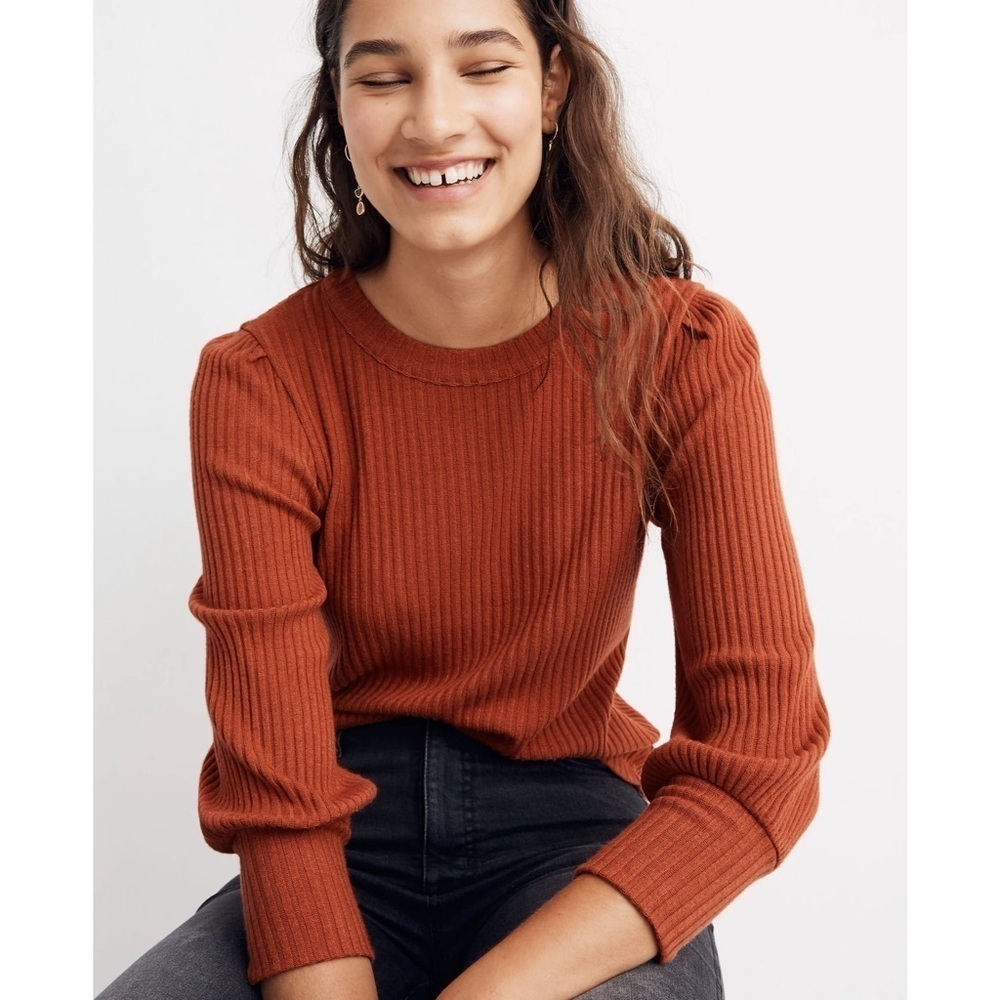 Madewell Brushed Rib Pleat-Sleeve Top in Afterglow Red XL